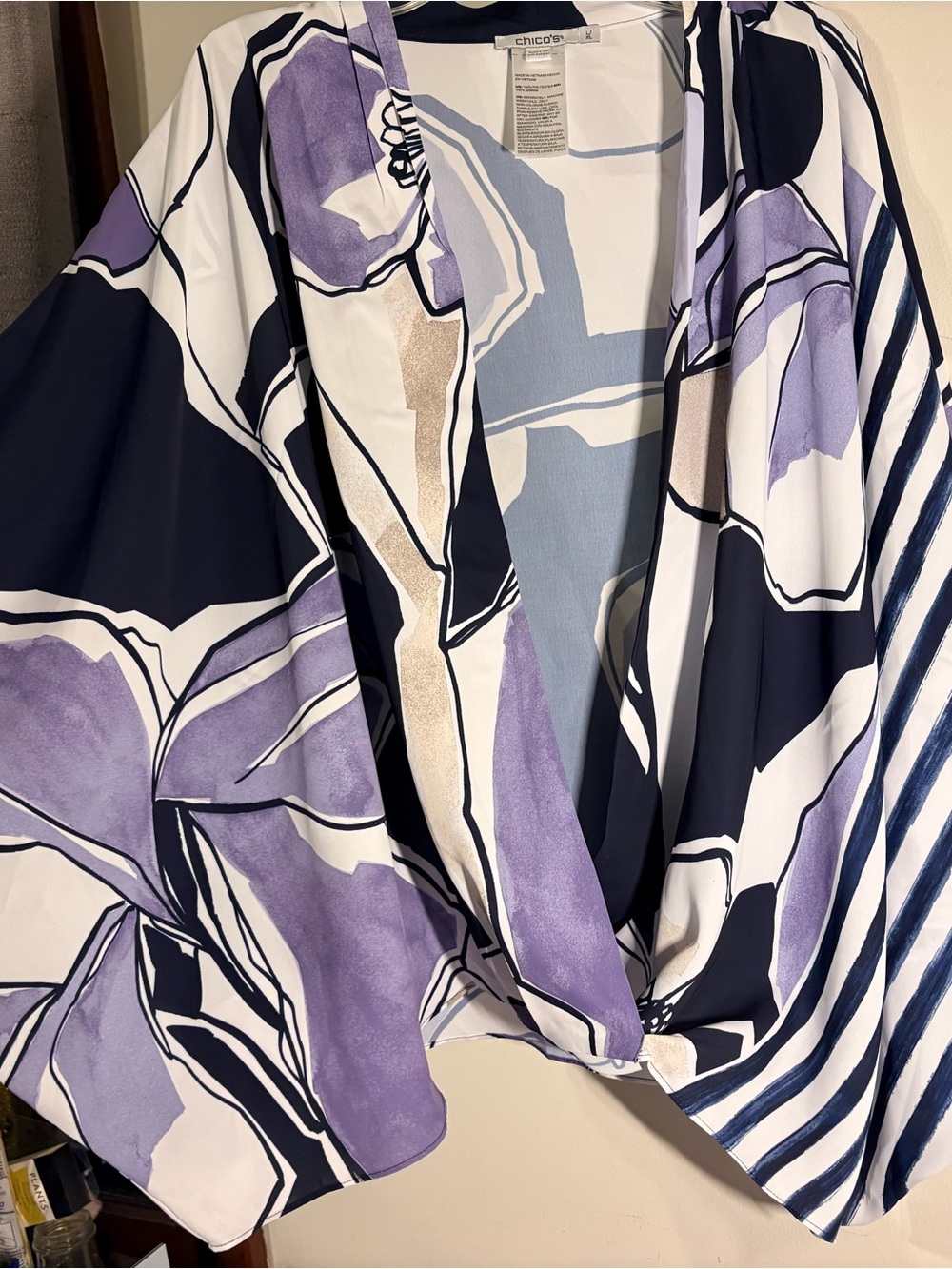 Chico's Navy, Lavender & Cream Floral Open-Front Top